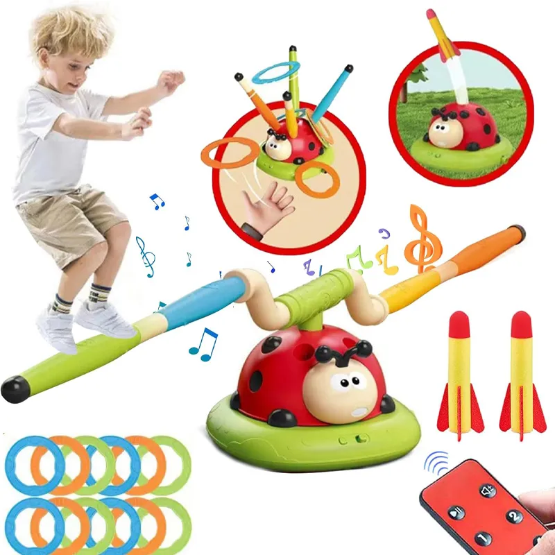 3 in 1 Ladybug Sport Entertainment Exercise Game Toy, Multifunction Rope Skipping Machine Ferrule Jump Rocket Launcher , Ring Toss Game Outdoor Fun For Age 3-6 Years (296Y)